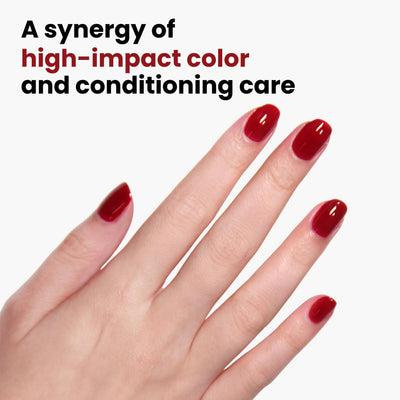 A vibrant, glossy red vegan nail polish "Vendetta" by LONDONTOWN is displayed against a white background, highlighting its cruelty-free conditioning care.