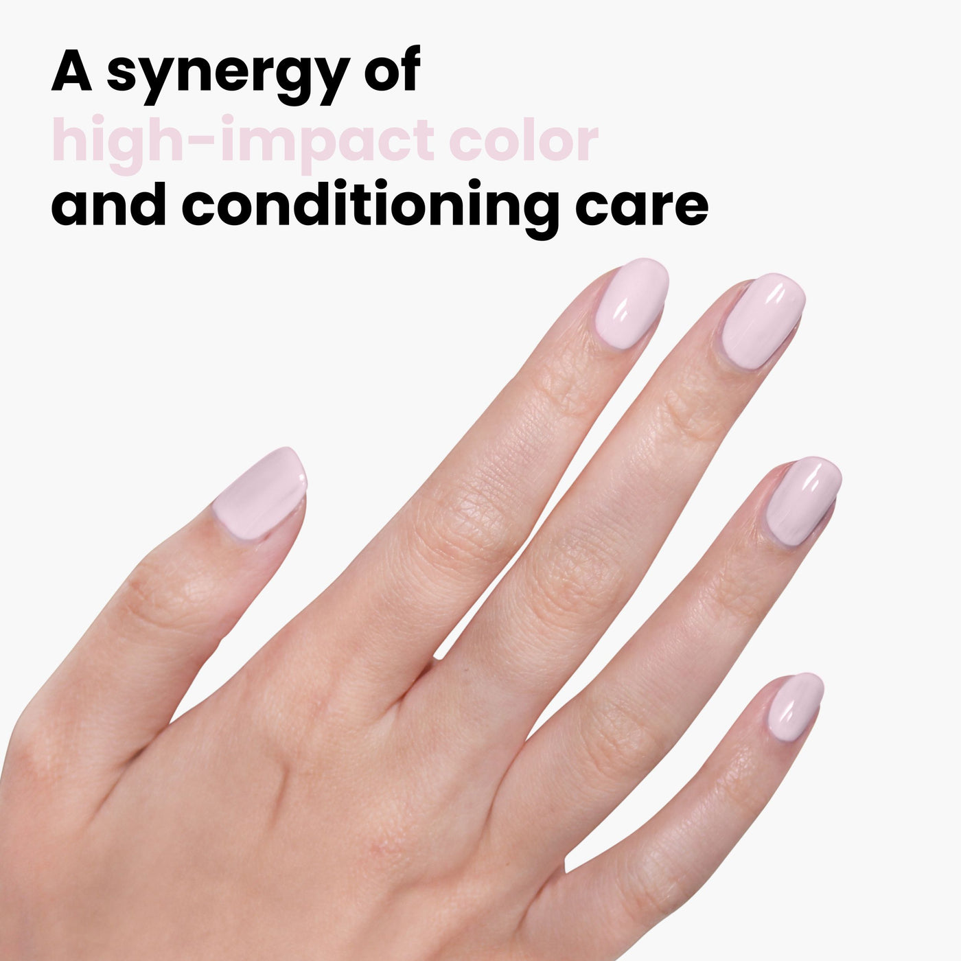 A hand with neatly manicured light pink nails is shown. Text above reads: "Jane Austen by LONDONTOWN: A synergy of high-impact color and conditioning care, 16+ Free, vegan, and cruelty-free nail polish.