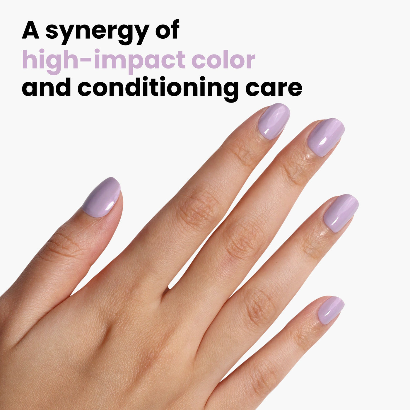 A hand with magical Honey Lavender nails by LONDONTOWN rests on a white background, highlighting the benefits of high-impact color and conditioning care.