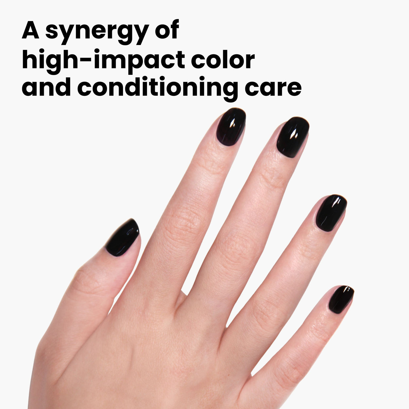 A hand showcases glossy Chim Cher-ee nails on a white backdrop. Text reads "A synergy of high-impact color and conditioning care." Discover LONDONTOWN's vegan, cruelty-free polishes, where beauty meets ethics.