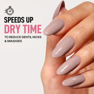 A hand with glossy beige nails. Text reads, "LONDONTOWN Flash Dry Top Coat speeds up dry time for a fast-dry finish to reduce dents, nicks & smudges." Icons include a stopwatch.