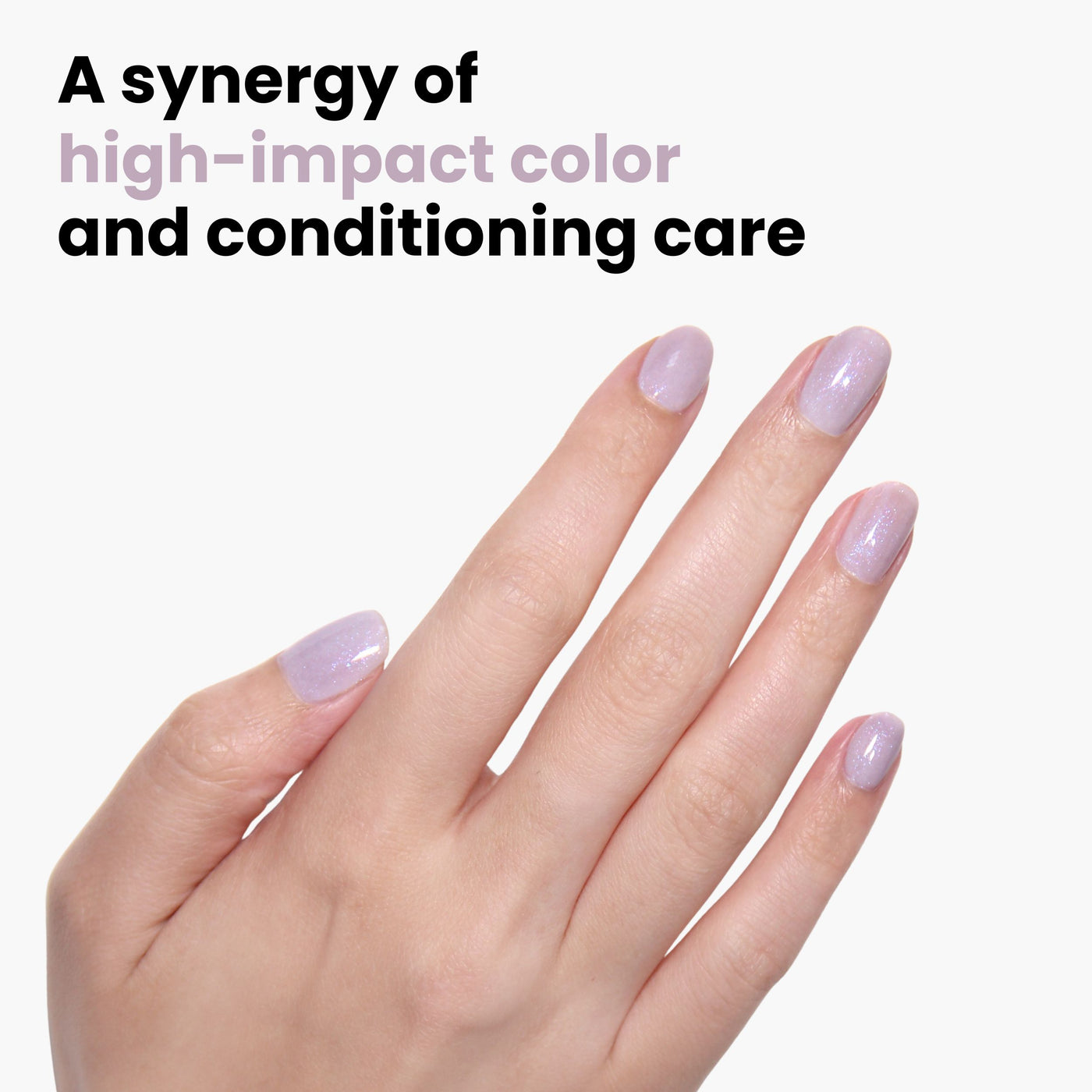 Against a white background, a hand flaunts LONDONTOWN's 'Opal' nail polish in shimmering pastel purple. The text highlights "A synergy of high-impact color and conditioning care," perfecting the vegan, cruelty-free essence of the Londontown collection.