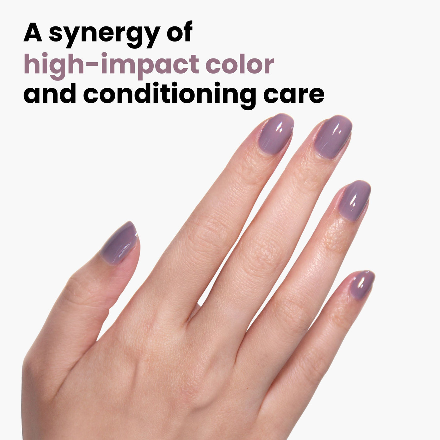 A hand with glossy plum-colored nails, text reads: "Cashmere by LONDONTOWN combines high-impact color with nourishing care, all vegan and cruelty-free.