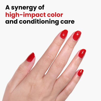 A hand with glossy, deep red crème nails appears against a white background, featuring text: "Changing of the Guards by LONDONTOWN offers a synergy of high-impact color and conditioning care with Florium Complex infusion.