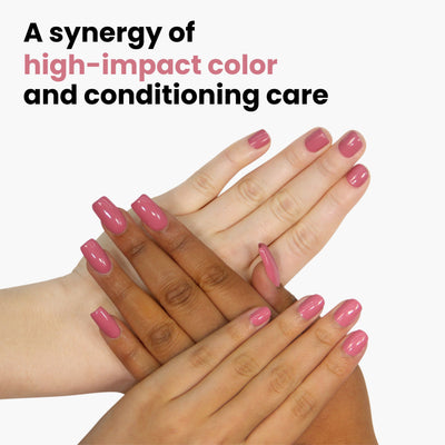 Four hands with pink manicured nails come together against a white background, showcasing LONDONTOWN's Mojave Mauve. The text above reads, "A synergy of high-impact color and conditioning care," highlighting this cruelty-free, vegan nail polish that nourishes while delivering vibrant color.