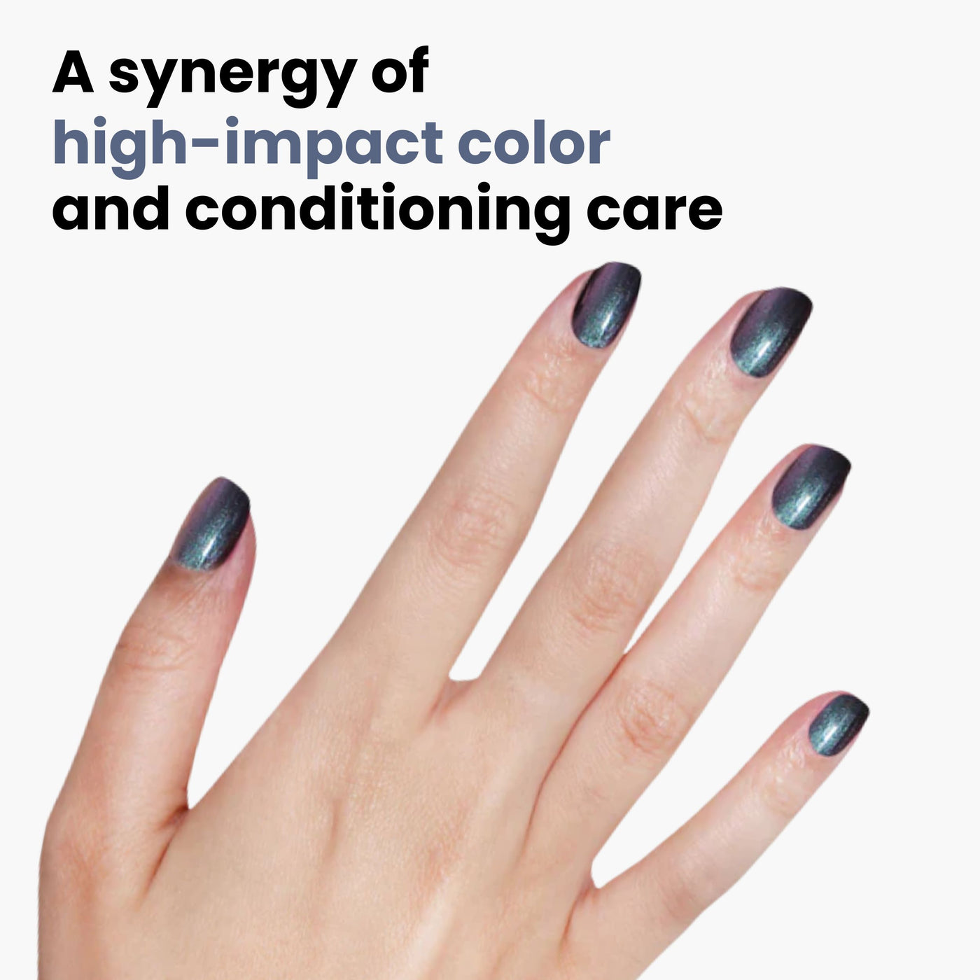 A hand with Skyline Reflect metallic blue nail polish by LONDONTOWN is shown against a white background, showcasing its vegan, cruelty-free formula. The text emphasizes color and conditioning care with a multichromatic crème finish.