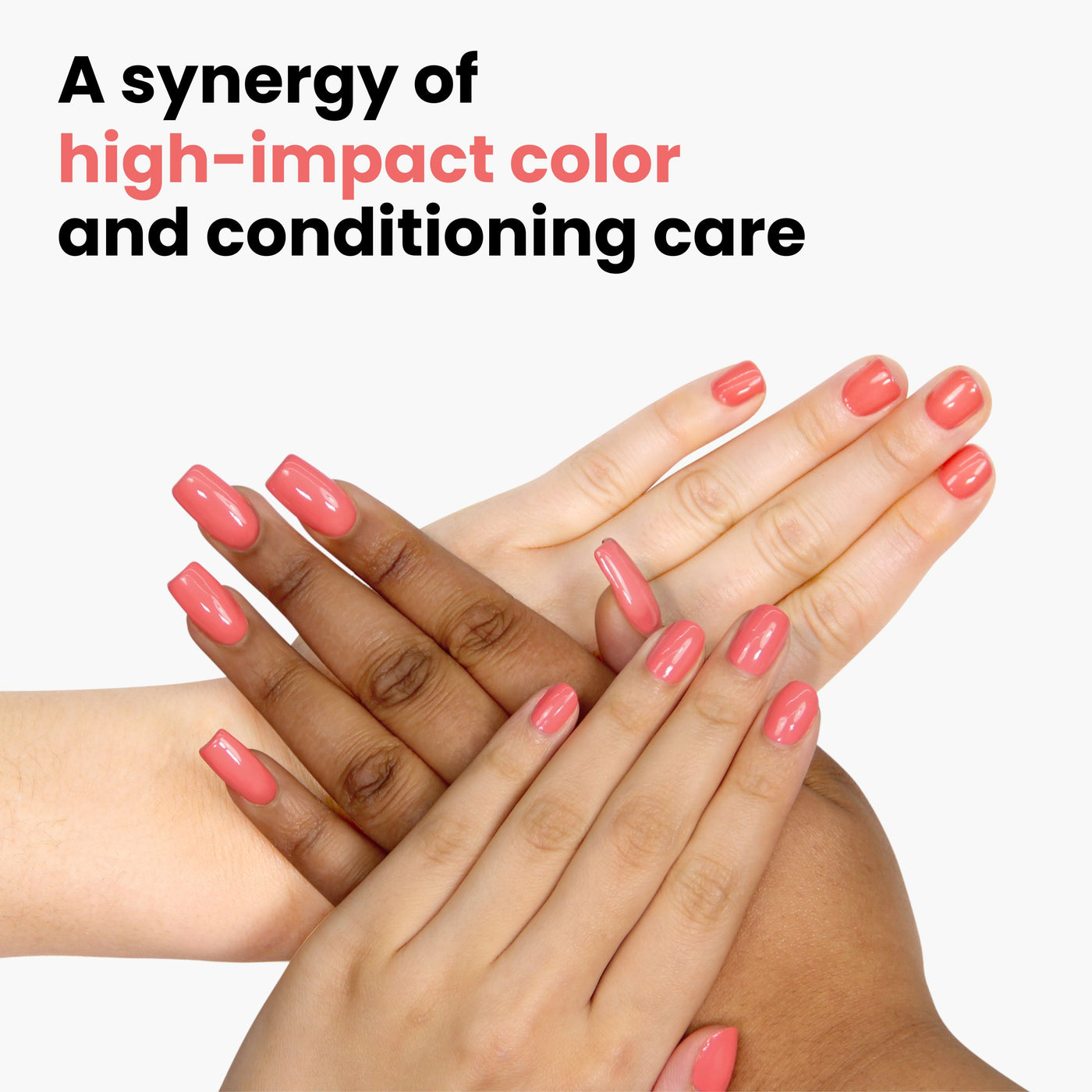 Three pairs of hands with glossy, creamy coral nail polish come together. Text: "A synergy of high-impact color and conditioning care." Discover the vibrant allure of Papaya, LONDONTOWN's rapid drying, vegan, cruelty-free nail polish.