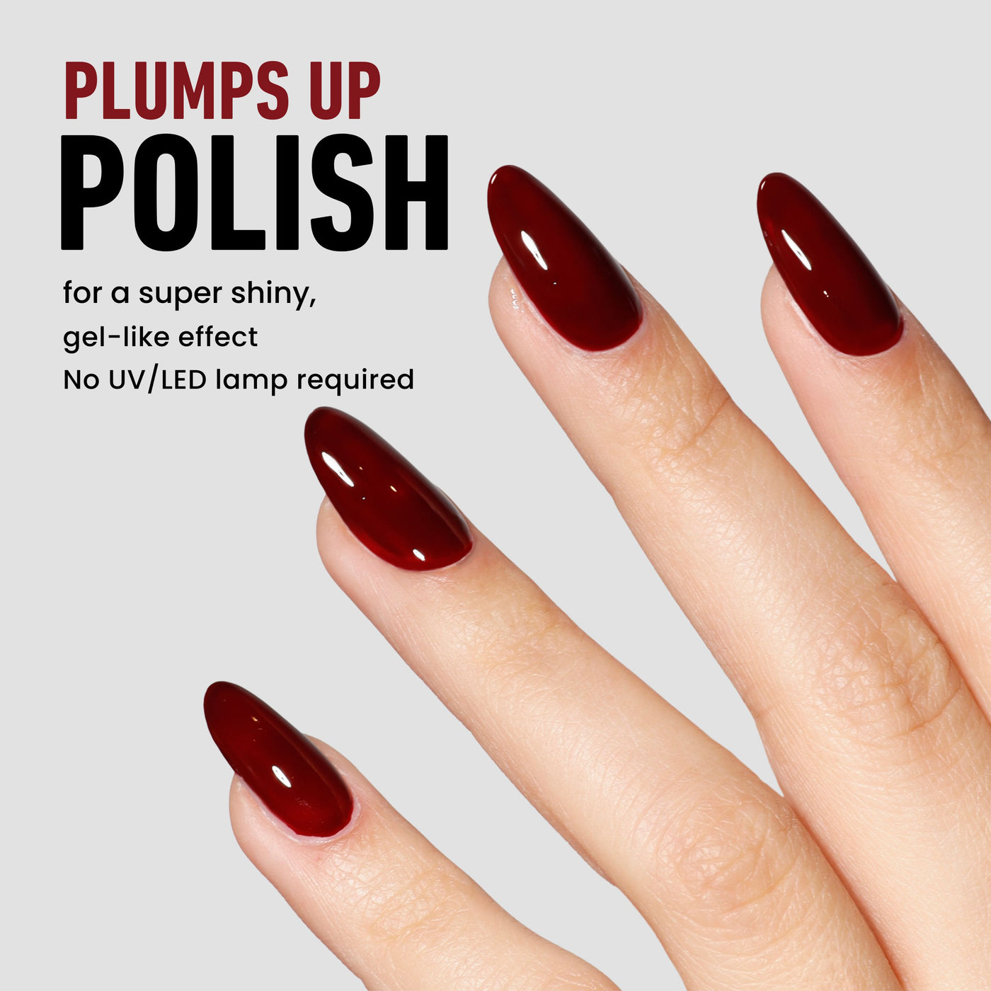 Close-up of a hand with glossy red nails, text reading "Gel Genius Top Coat by LONDONTOWN for a super shiny, gel-like effect. No UV/LED lamp required—just a perfect mani with our top coat.