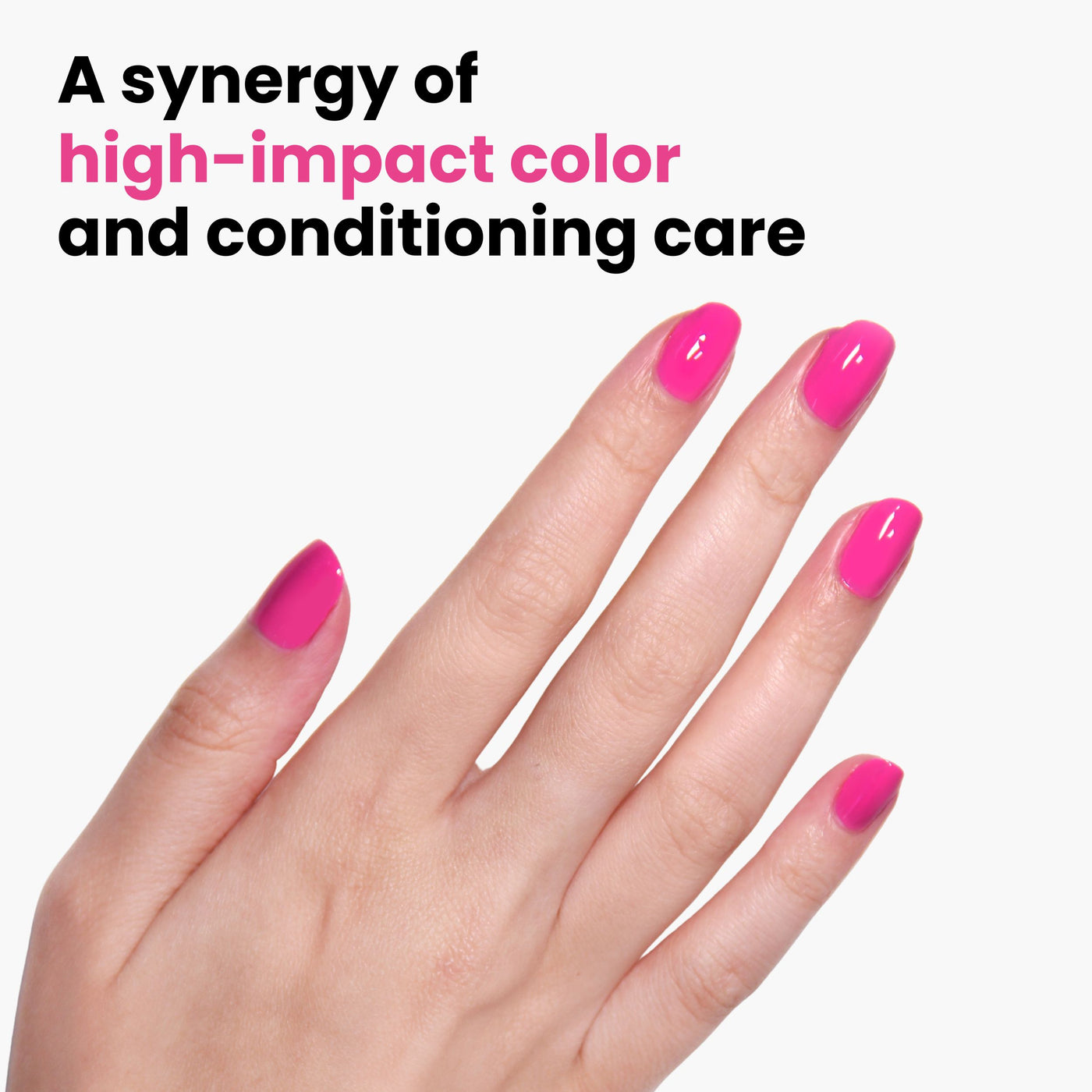 The bright pink polished nails set against a white backdrop highlight the shocking "Summer Fling" shade from LONDONTOWN, boasting high-impact color and conditioning care. This cruelty-free and vegan formula promises vibrant results without compromise.