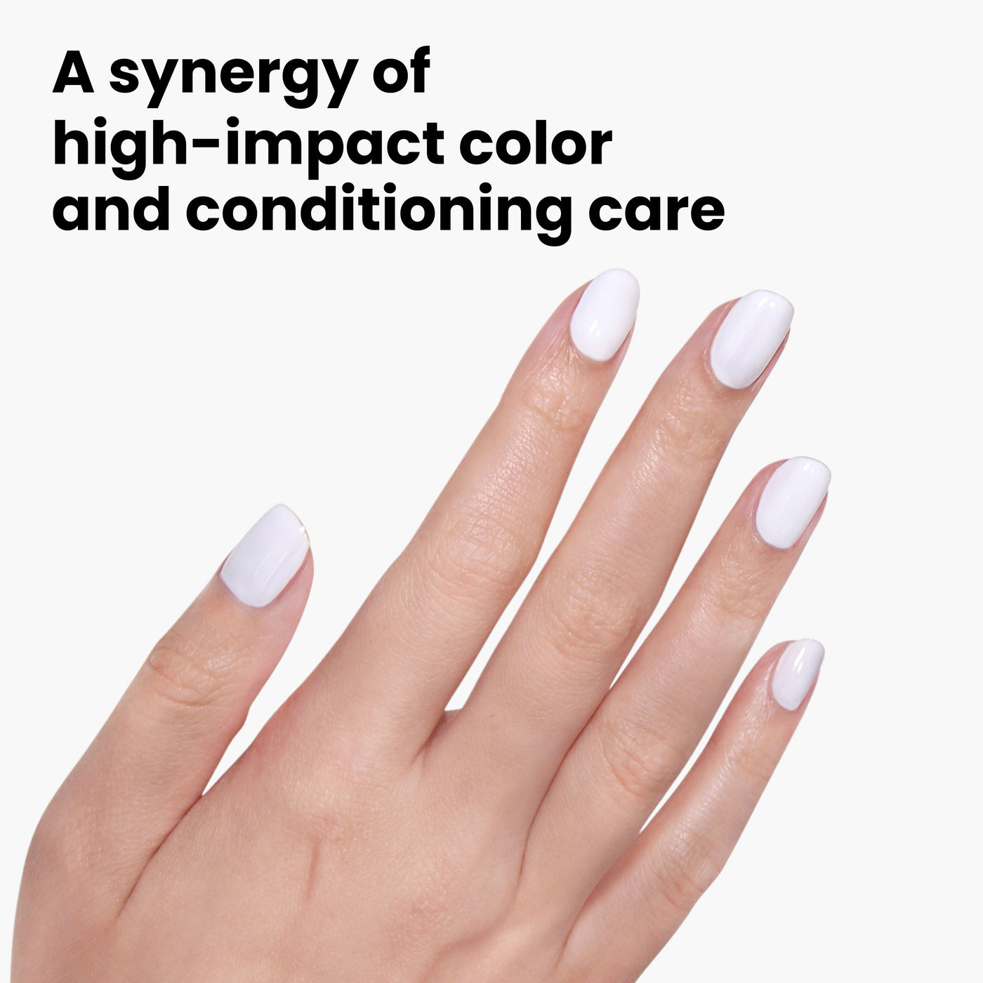 A hand with crème white nails is displayed on a plain background with the text: "Duchess by LONDONTOWN offers high-impact color and conditioning care, crafted with our vegan, cruelty-free formula.