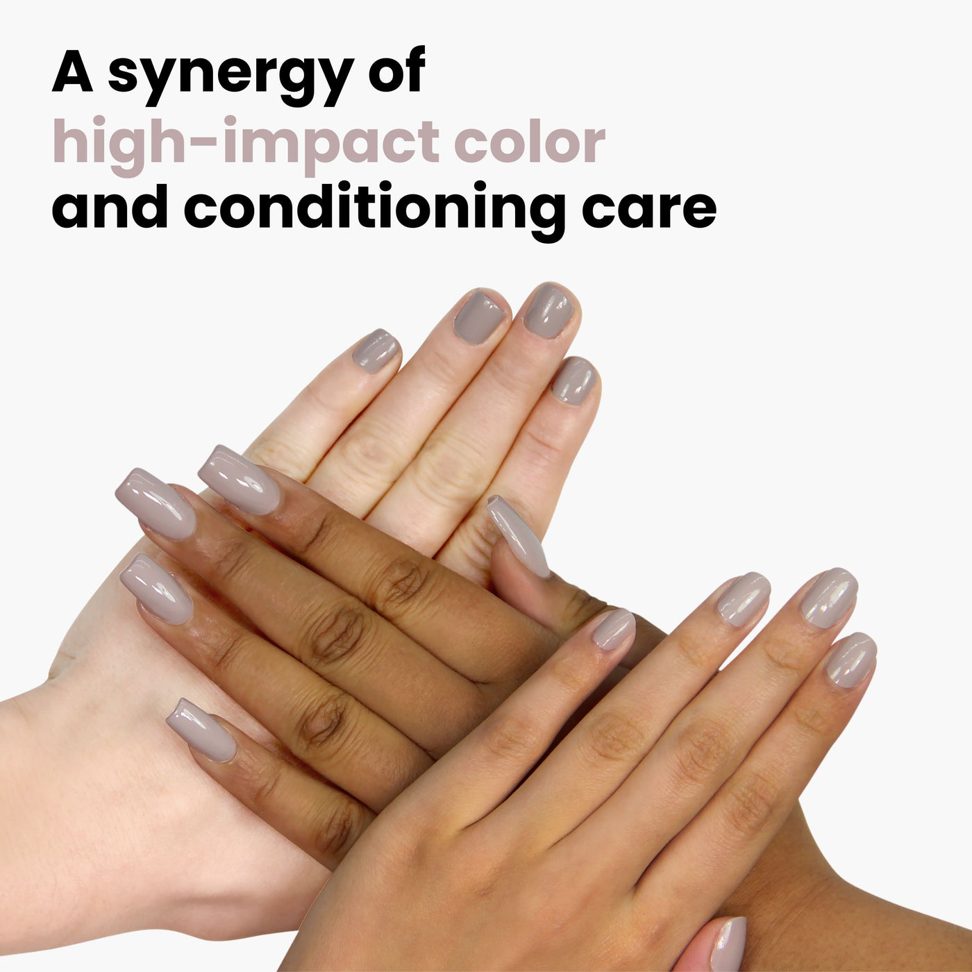 Hands with manicured Greige nails are arranged geometrically. Text reads, "Beaumont by LONDONTOWN—a synergy of high-impact color and conditioning care with nourishing Florium Complex.