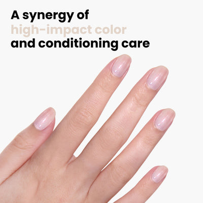 Manicured nails painted in LONDONTOWN's "Princess Awaits," a light pink. Text reads: "A synergy of high-impact color and conditioning care with our 16+ Free formula.