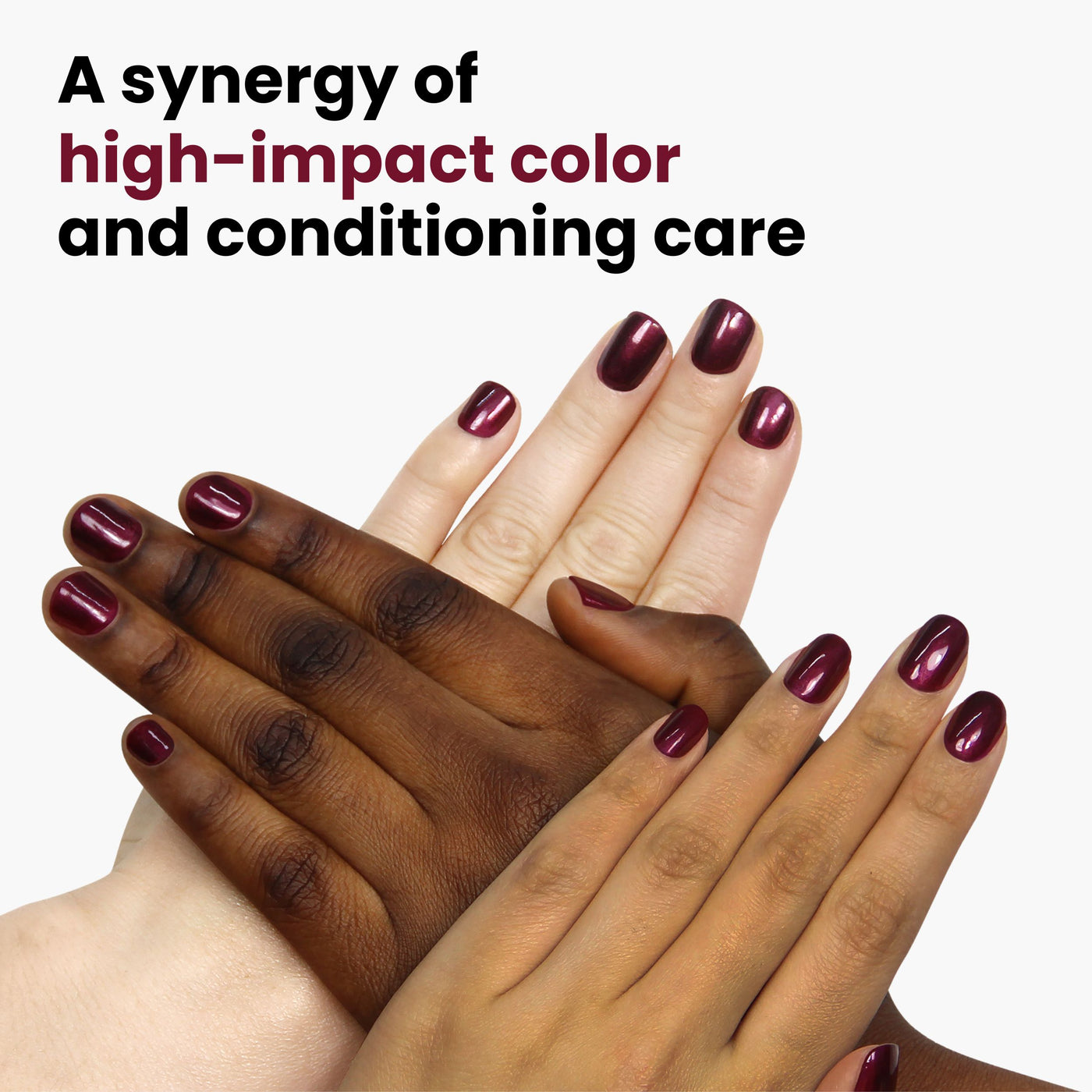 Three hands with Vixen's decadent, dark red polished nails are juxtaposed on a white background. The text reads, "LONDONTOWN: A synergy of high-impact ruby red color and conditioning care.