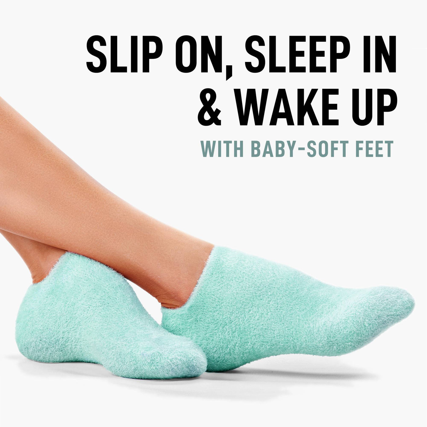 Wear LONDONTOWN's Pedi Perfect Moisturizing Spa Socks in soothing mint-green, featuring "Slip On, Sleep In & Wake Up With Baby-Soft Feet." Experience ultimate comfort and tranquility as you drift into dreamland.