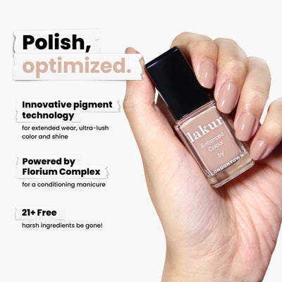 A hand elegantly holds a bottle of LONDONTOWN's Café Au Lait nail polish in creamy taupe. The text highlights its innovative Florium Complex pigment technology and assures it is 21+ free of harsh ingredients. This cruelty-free, vegan formula offers a guiltless touch of sophistication.