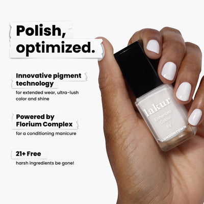 A hand holds a bottle of LONDONTOWN's "Duchess" crème white nail polish, featuring innovative pigment technology and Florium Complex. Free from 21+ harsh ingredients, this vegan and cruelty-free formula is perfect for a modern French manicure.