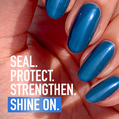 Blue, shiny, manicured nails with text: "Seal. Protect. Strengthen. Shine on with high shine and durability." Product: Protective Top Coat (Professional) by LONDONTOWN.