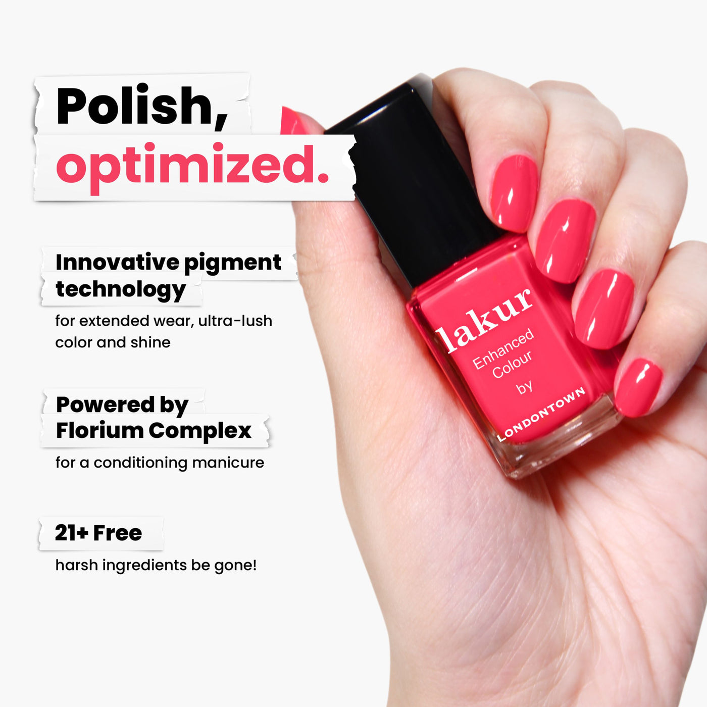 A hand holds a bottle of LONDONTOWN's Weekend Cheers coral pink crème nail polish, highlighting its innovative pigment technology. Featuring the Florium Complex, this vegan and cruelty-free polish is 21+ free of harsh ingredients.