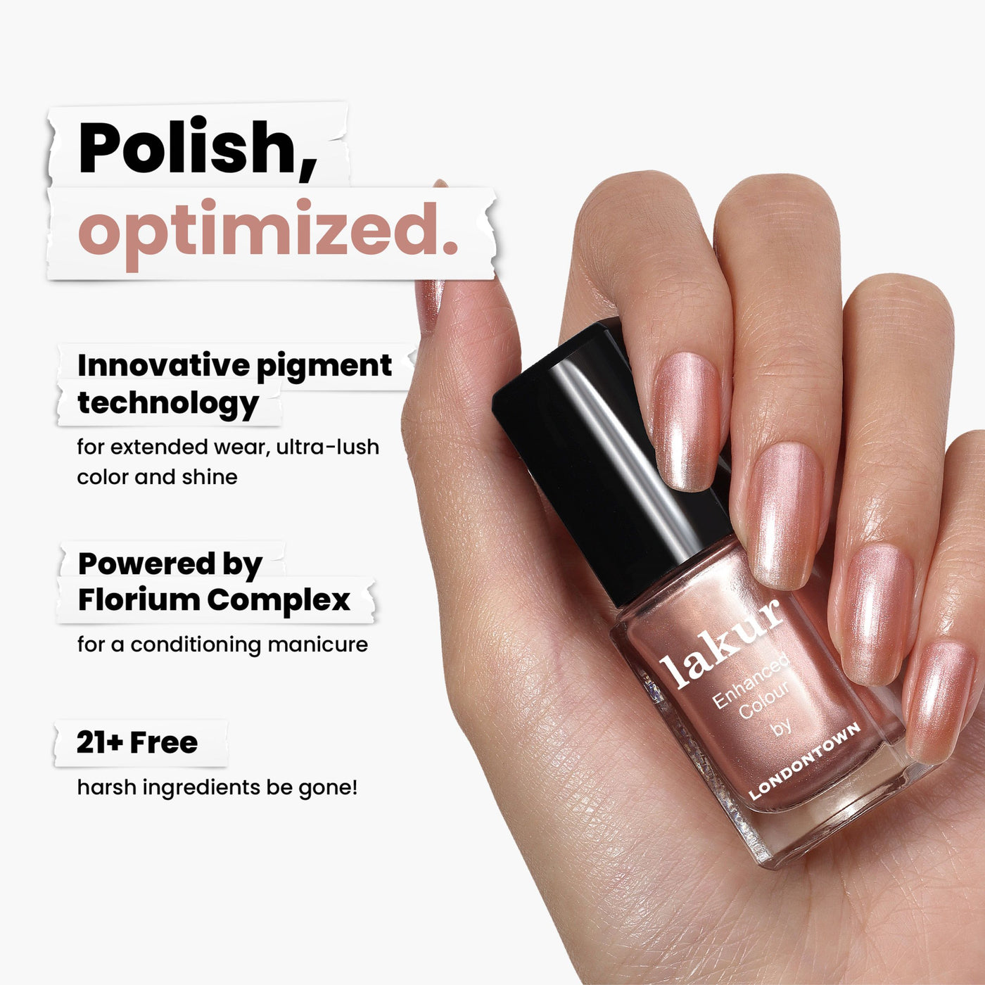 Hand holding a bottle of LONDONTOWN's Boozy Brunch, a rose gold nail polish with a coppery sheen. Text highlights innovative pigment technology, conditioning manicure, and 21+ free formula.