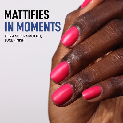 A hand sports vibrant pink nails finished with LONDONTOWN's Matte Top Coat (Professional). Text reads: "Mattifies in moments for an ultra-luxe, suede-like finish.