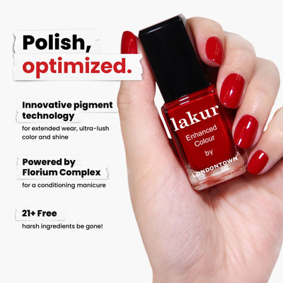 A hand presents "Changing of the Guards" by LONDONTOWN, a deep red crème nail polish with innovative pigment tech and Florium Complex Infusion. This vegan, cruelty-free formula is 21+ free of harsh ingredients.