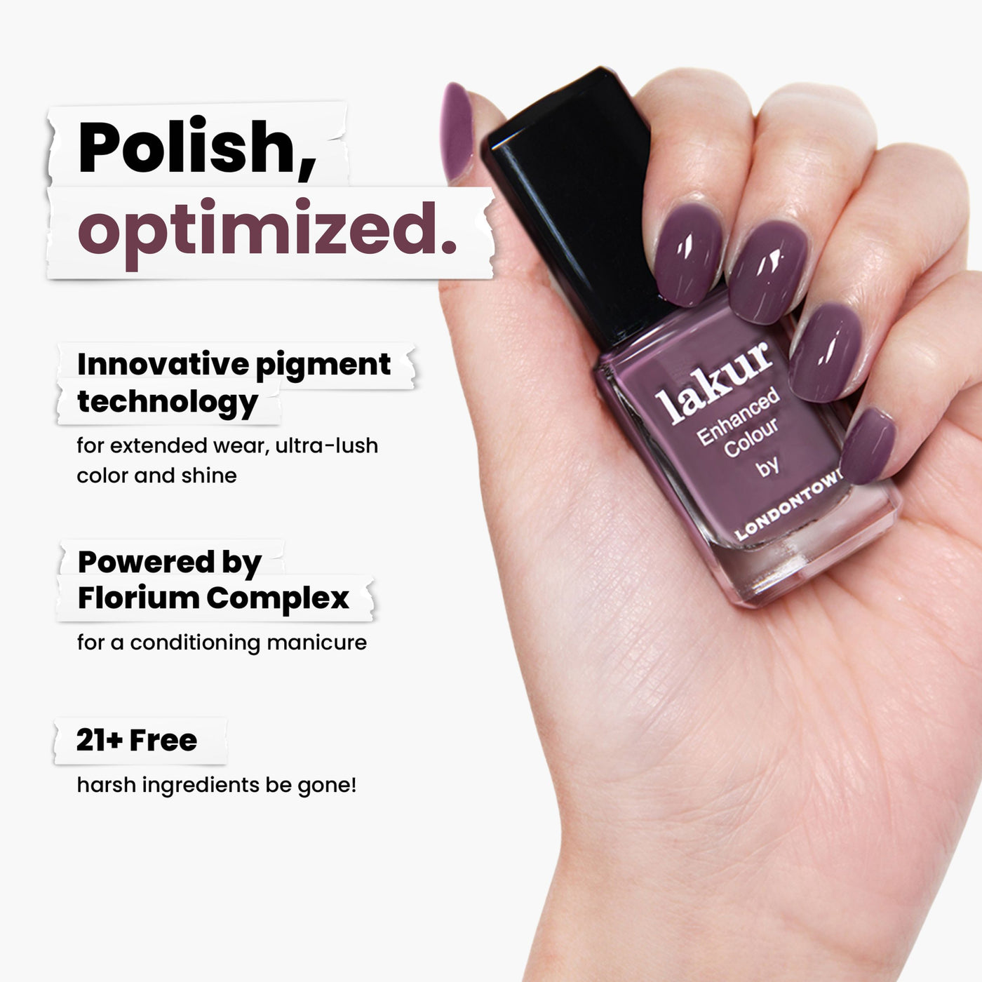 A hand holds a bottle of LONDONTOWN's "Save the Queen," a mauve and plum crème nail polish with innovative Florium Complex pigment technology. This vegan, cruelty-free polish is free from 21+ harsh ingredients, delivering vibrant color without compromise.