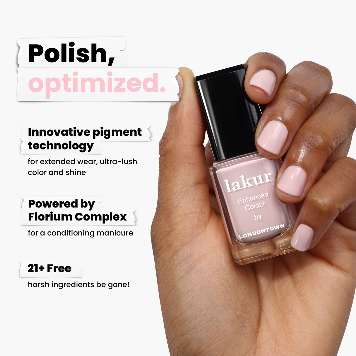 A hand holds an opalescent pink nail polish bottle labeled "Dream Scene" by LONDONTOWN. The text highlights innovative pigment technology, Florium Complex, and a formula free of 21+ harsh ingredients.