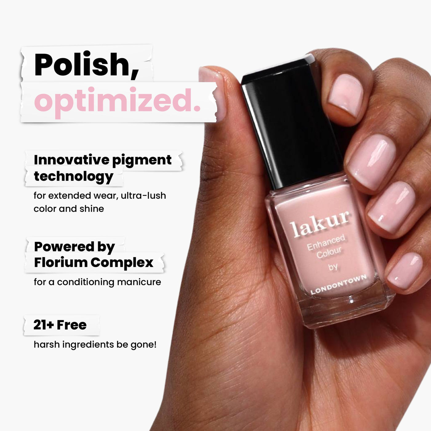 A hand holds a bottle of LONDONTOWN's Invisible Crown Lakur nail polish, featuring dazzle pigment technology, Florium Complex, and a formulation that's 21+ free of harsh ingredients.