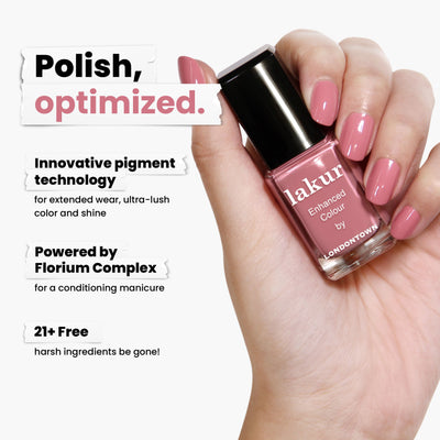 A hand holds a bottle of Mojave Mauve nail polish by LONDONTOWN. This cruelty-free, vegan formula offers innovative pigment for color and shine, features the Florium Complex, and is 21+ free of harsh ingredients.