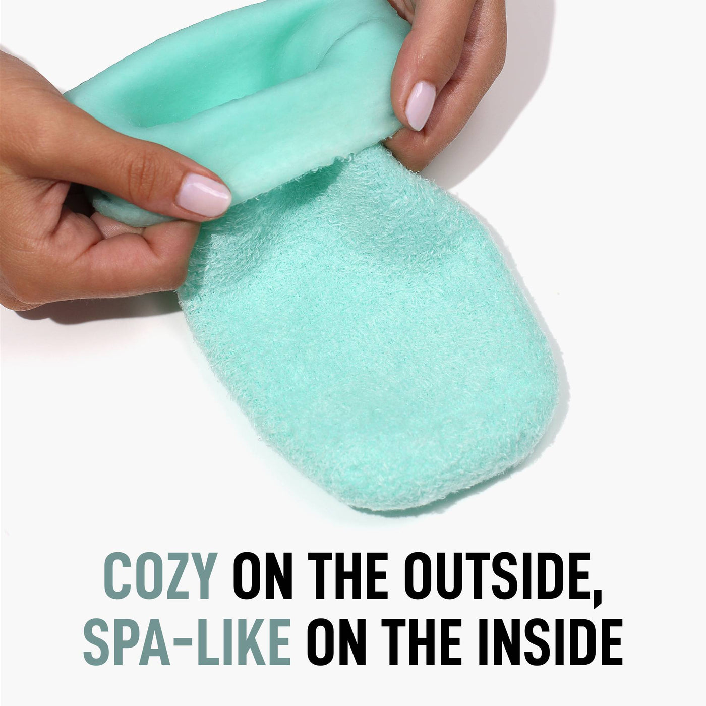 LONDONTOWN's Pedi Perfect Moisturizing Spa Socks cradle your feet with plush, turquoise elegance, offering spa-like comfort that transforms your home into a relaxation sanctuary. Text reads: "Cozy on the outside, spa-like on the inside.