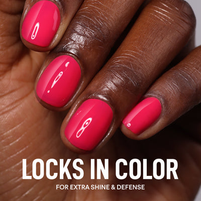 A hand with bright pink nails displays LONDONTOWN's Duplex Base & Top Coat, highlighting its all-in-one formula that locks in color for extra shine and defense.