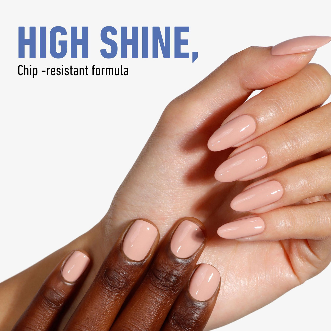 Close-up of two hands with glossy, nude-colored manicured nails, exhibiting high shine and chip resistance due to LONDONTOWN's Protective Top Coat (Professional).