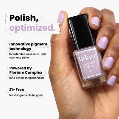 Close-up of hands with Honey Lavender nail polish holding a LONDONTOWN lakur bottle, showcasing its innovative pigment technology and formula free of 21+ harsh ingredients.