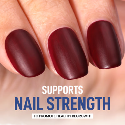 A close-up of three fingers with red matte LONDONTOWN nail polish featuring a suede-like finish. Text: "Supports Nail Strength for Healthy Regrowth." Product: Matte Top Coat (Professional).