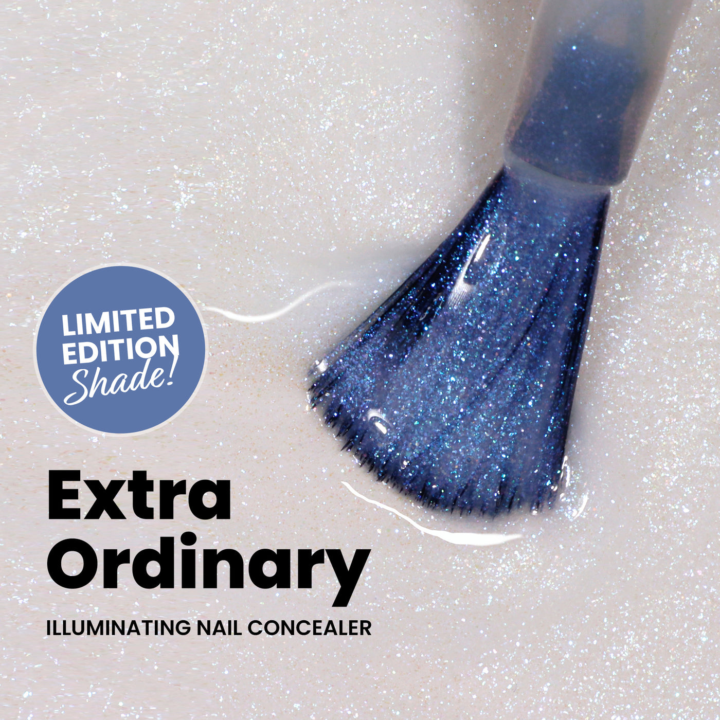 Close-up of a blue nail brush applying shimmery nail concealer with text: "Illuminating Essentials Mini Set by LONDONTOWN, Limited Edition Shade." Discover the glow-to essential in our irresistible minis collection.