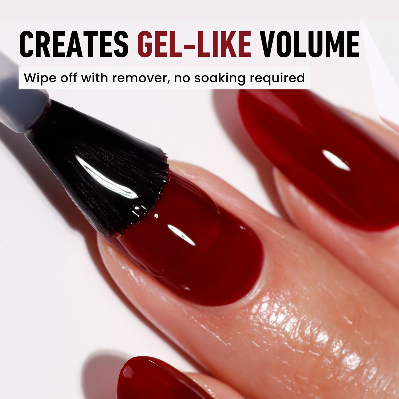 A close-up of a nail brush applying red polish. Text: "LONDONTOWN Gel Genius Top Coat creates gel-like volume, perfect for your mani. Wipe off with remover, no soaking needed.