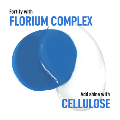 Blue and white liquid blobs with text: "Fortify with Florium Complex. Achieve high shine and durability with Cellulose using LONDONTOWN Protective Top Coat (Professional).