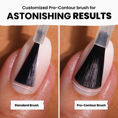 Comparison of LONDONTOWN's Duchess crème white nail polish applied with a standard brush (left) versus a pro-contour brush (right) showcases precision and neatness differences, ideal for a flawless French manicure.