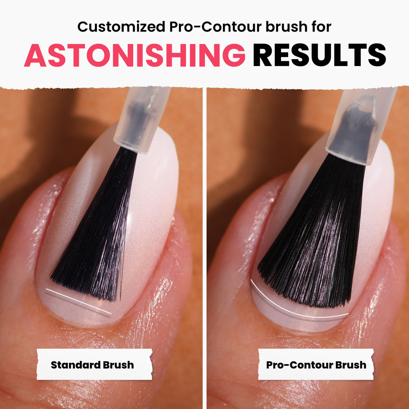 LONDONTOWN's Weekend Cheers, a vegan cruelty-free nail polish with a pro-contour brush, offers more precise and even coverage compared to standard brushes, especially evident in their coral pink crème shade.