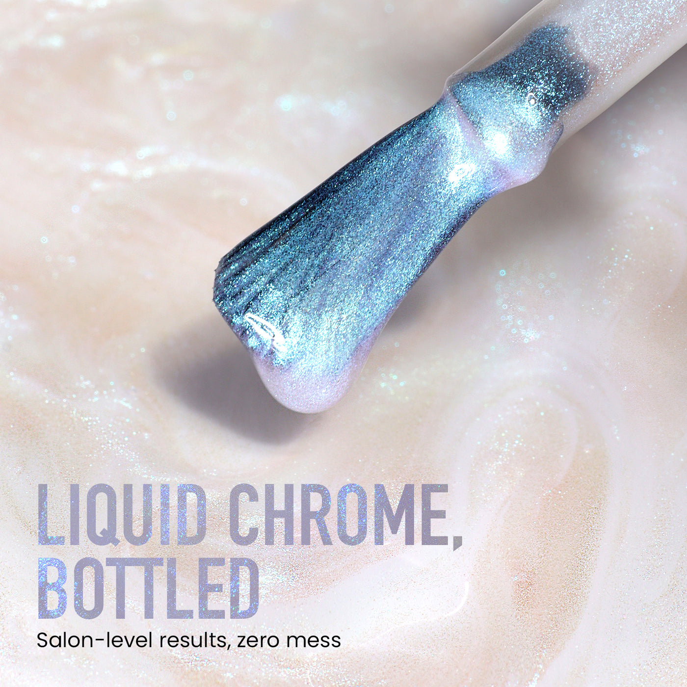 Close-up of a brush with Moonstone Chrome by LONDONTOWN, featuring blue iridescent nail polish over a pearlescent background. Text: "Liquid Chrome, Bottled. Enjoy salon-level results and the perfect lakur finish, minus the mess.