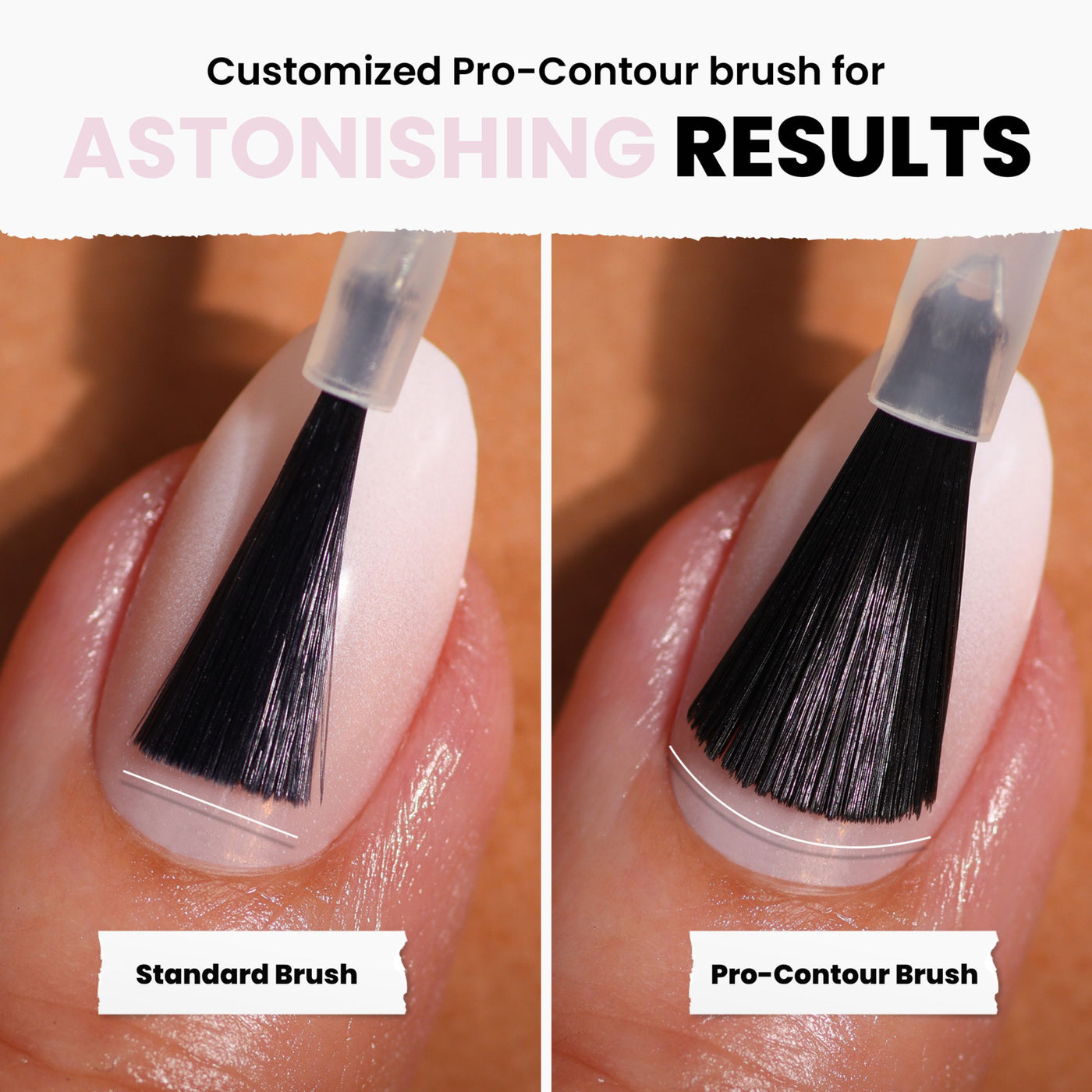 Comparison image displaying nail polish application: left with a standard brush, right with the Pro-Contour brush for smoother, more precise coverage. Experience the difference with LONDONTOWN's Jane Austen vegan, cruelty-free nail polish for a flawless finish every time.