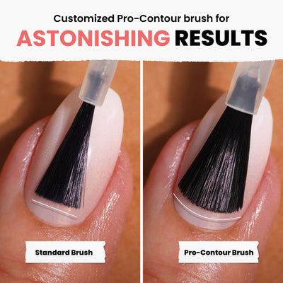 Comparison of two nail brushes: Left shows a standard brush with uneven bristles; Right features the LONDONTOWN Pro-Contour brush with straight, even bristles using Papaya vegan, cruelty-free nail polish. The text highlights the superior results and flawless finish achieved by the Pro-Contour brush.