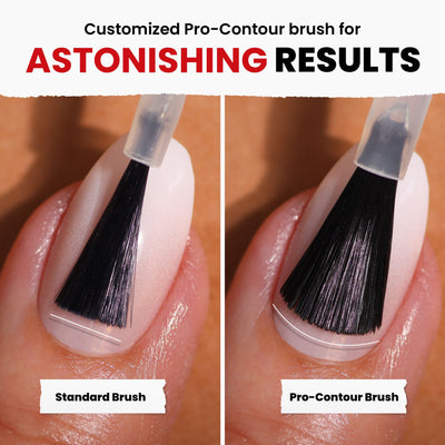 Close-up comparison of a standard brush and LONDONTOWN's Londoner Love (Professional) pro-contour brush applying vibrant red crème polish. The pro-contour brush offers more even coverage, ideal for a cruelty-free manicure experience.