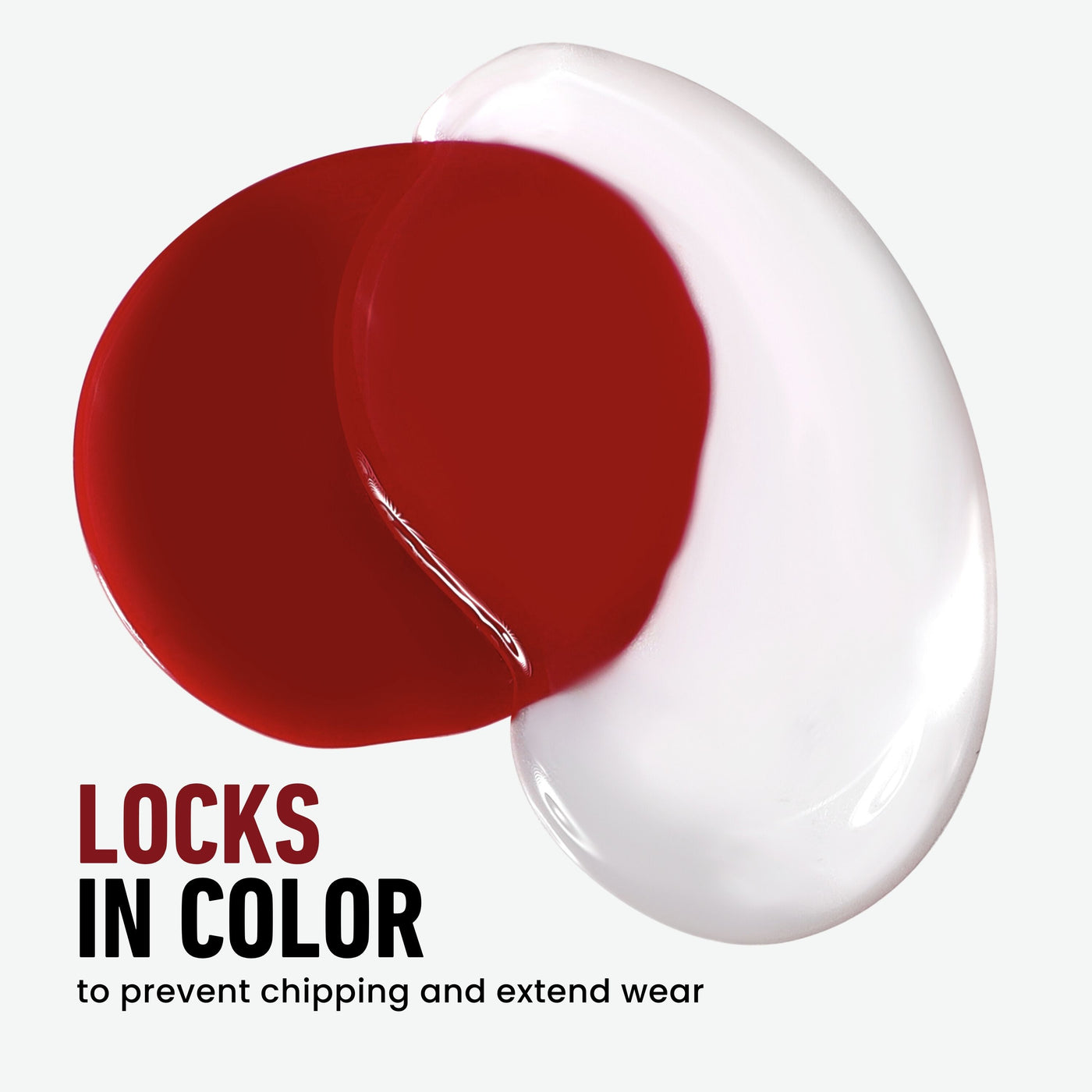 Two overlapping nail polish swatches in red and white showcase the text "Locks in Color," highlighting LONDONTOWN's Gel Genius Top Coat for chip prevention and long-lasting wear with a gel-like manicure finish.