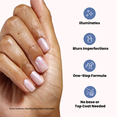 A hand with pearl-colored nails is displayed, accompanied by icons and text that emphasize the product's benefits: it illuminates, blurs imperfections, features a one-step formula, and requires no base or top coat. Explore the exclusive Extra Ordinary shade in LONDONTOWN's Illuminating Essentials Mini Concealer Set for a dazzling finish.