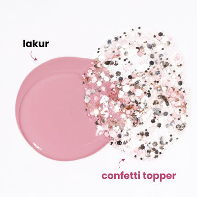 LONDONTOWN's lakur pink nail polish perfectly combines with the Snowglobe Confetti Topper, creating a sparkling finish.