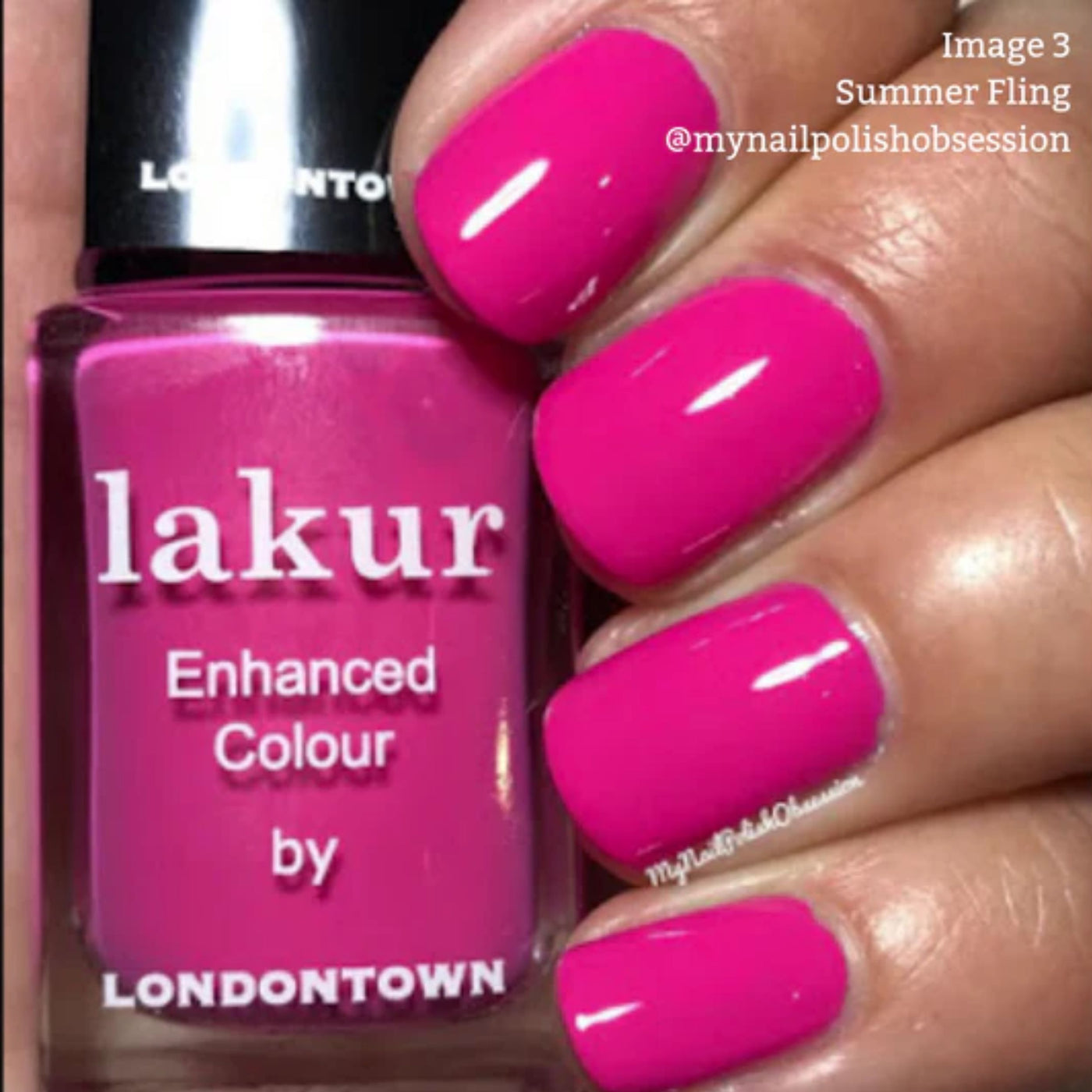 A hand with bright pink nail polish holds a cruelty-free bottle of LONDONTOWN's "Summer Fling" shade.