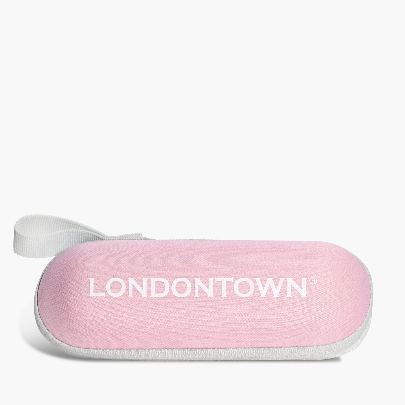 A pink Signature Mini Umbrella with white edges and a white strap by LONDONTOWN. The word "LONDONTOWN" is printed in white capitals on the front, making it your favorite portable travel companion.