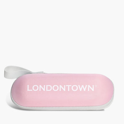 A pink Signature Mini Umbrella with white edges and a white strap by LONDONTOWN. The word "LONDONTOWN" is printed in white capitals on the front, making it your favorite portable travel companion.