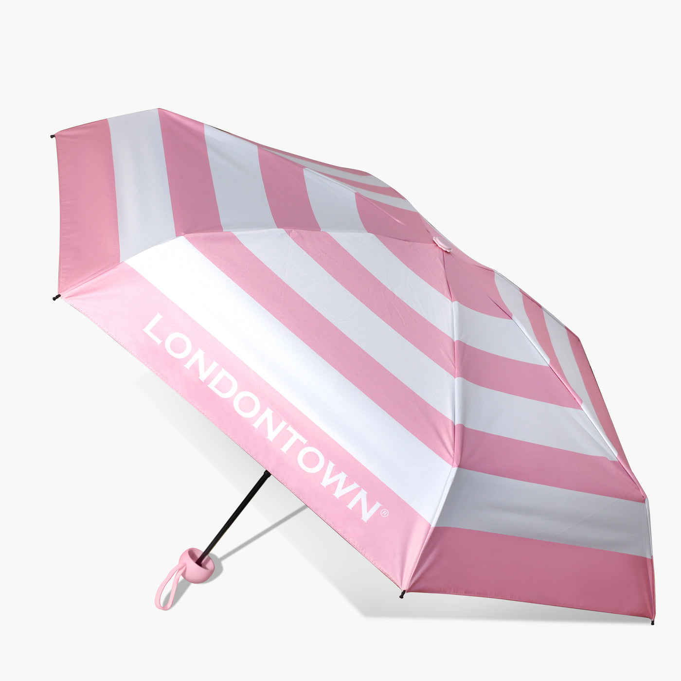 The Signature Mini Umbrella by LONDONTOWN features a pink and white striped design with "LONDONTOWN" printed on a panel, making it your favorite portable travel companion.